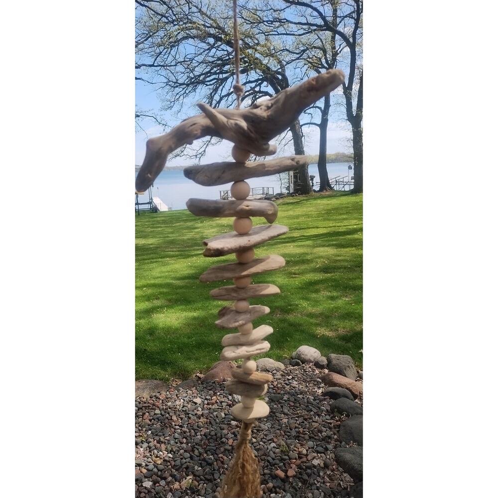Driftwood Art Wood Bead Mobile Lake Superior Coastal Art Beach Natural hanging